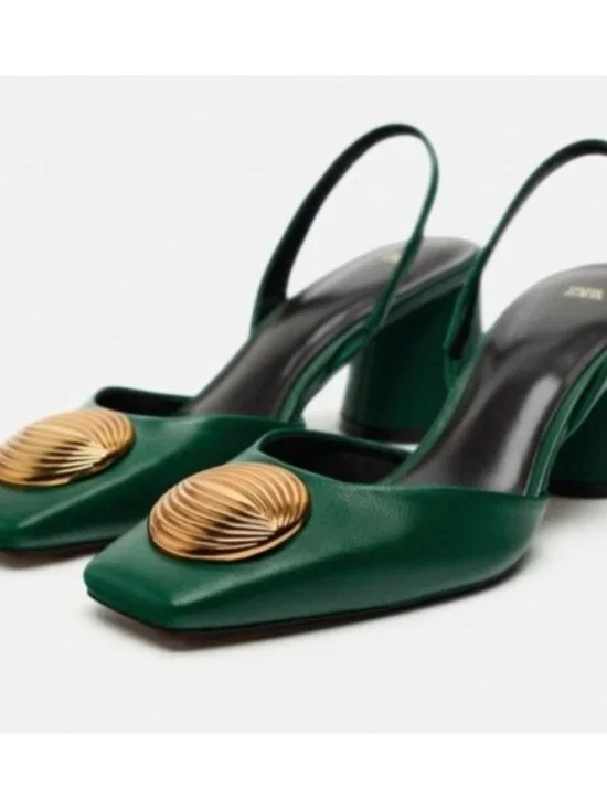 ZARA Green Leather Slingback Heels Gold Medallion Block Heel Women’s EU 41 US 10 - Picture 14 of 15